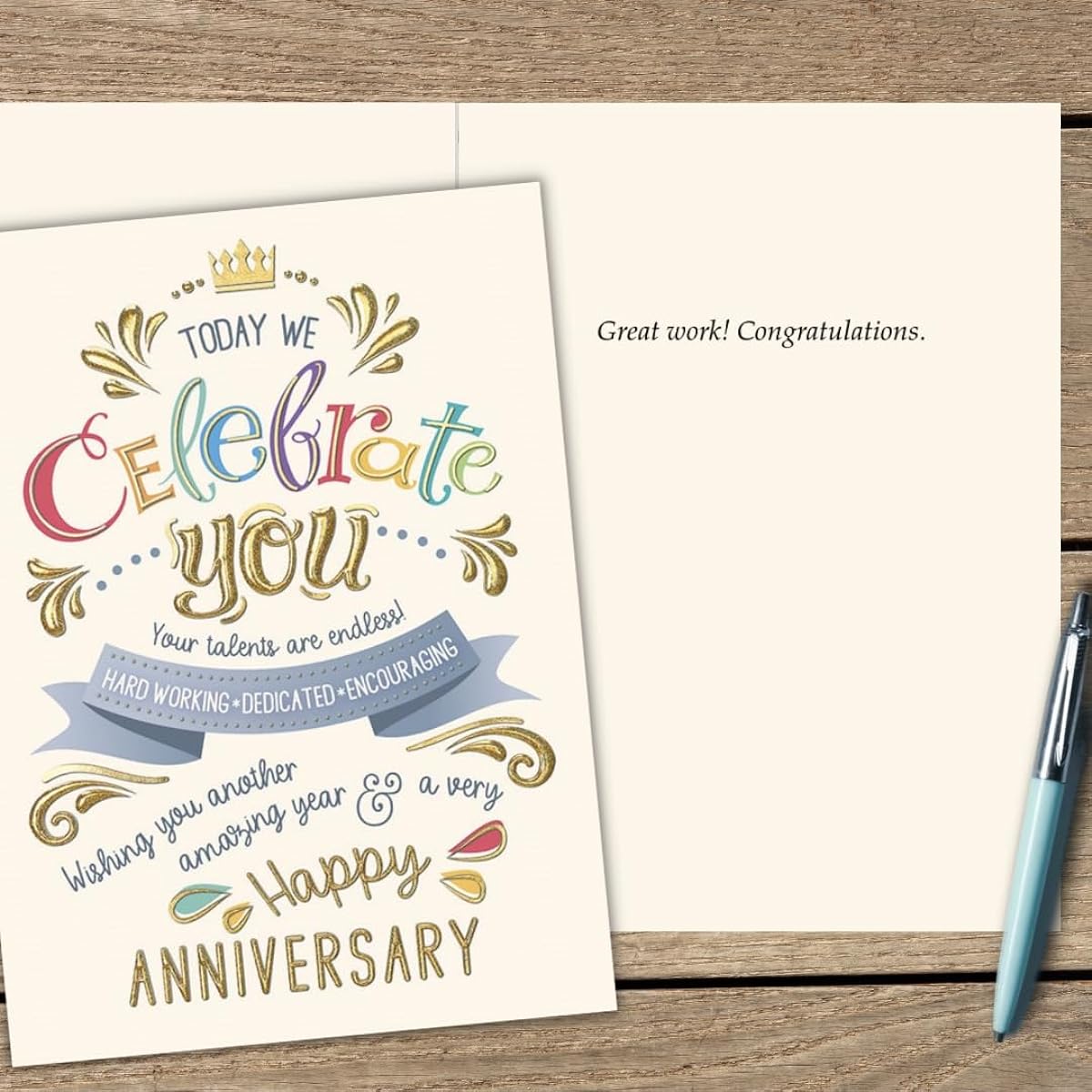 25 employee anniversary cards with fun typography designs and 26 white envelopes, FSC mix