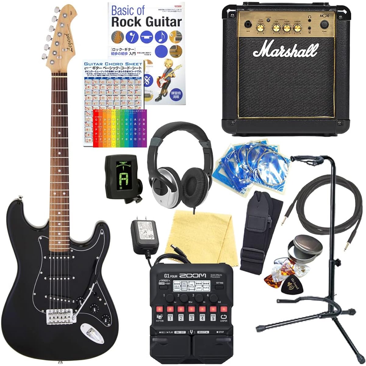 Electric guitar beginner set Stratocaster type 18-piece set with Marshall amp Legend LST-Z BBK [ZOOM G1Four multi-effector included]