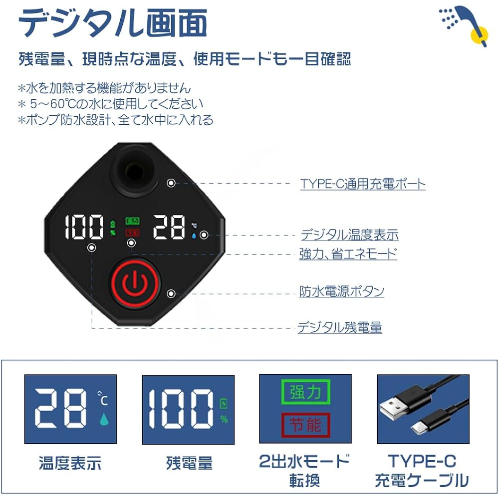 [2024 Latest Model] VIGOUROUS Portable Shower Outdoor USB Rechargeable 6000mAh Powerful/Efficiency Mode Electric Shower Camping Stepless Water Flow Adjustment Fishing Beach Surfing Travel Watering Car Wash Plant Watering Disaster Prevention Compact Pet S