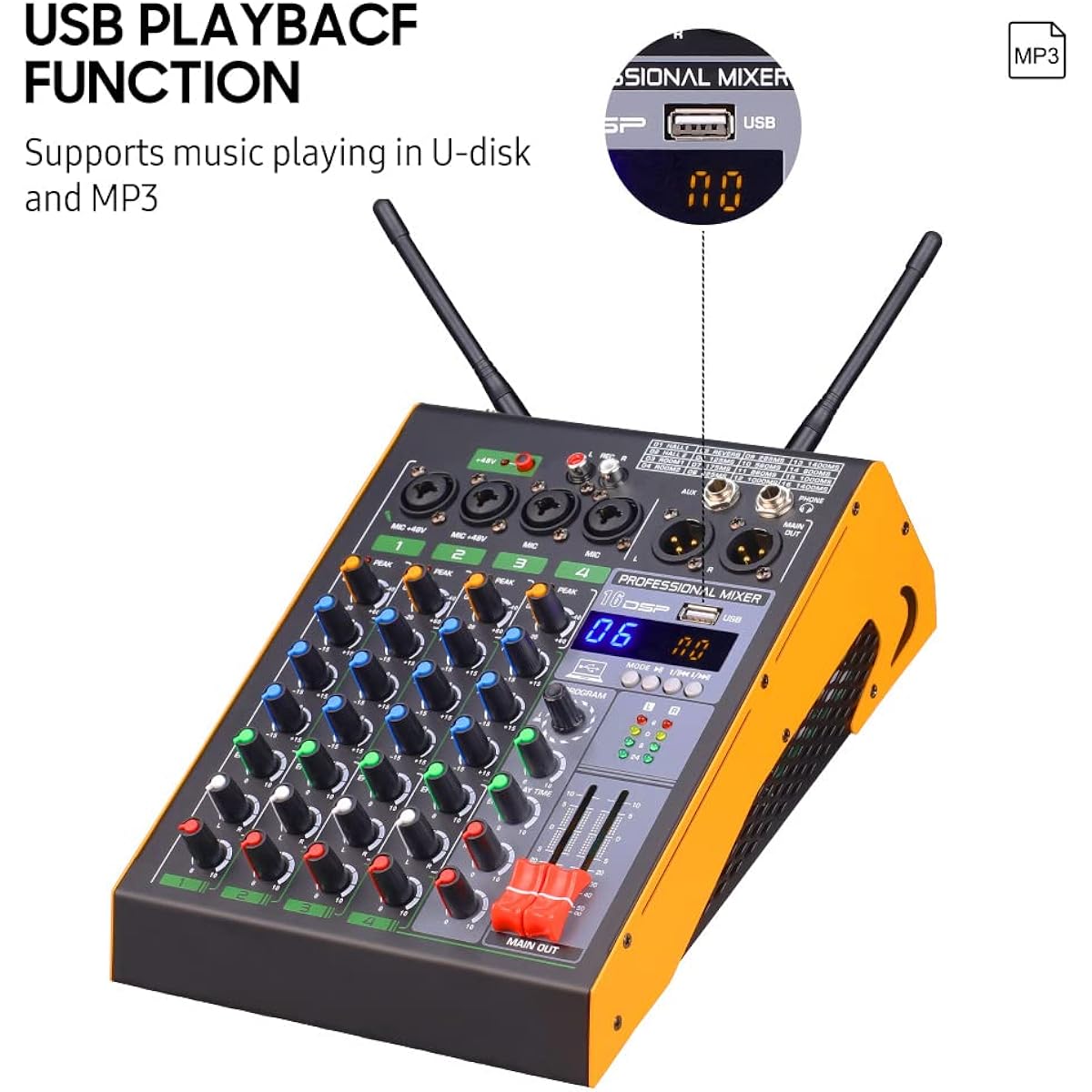 Audio Mixer, Yueou Professional 4 Channel BT Audio Mixer with 2 Microphones LED Digital Mixing Console Built-in Amplifier with USB Connection 3 Band EQ Reverb Adjustment Bar DSP Recording Function for Concert Outdoor Performance Wedding