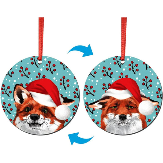 WIRESTER Double Sided Hanging Ornaments for Christmas Tree Holiday Party Car Home Office Decorations 2 in 1 Large 3 inch MDF Wood Ready to Hang Ornaments - Happy and Sad Fox