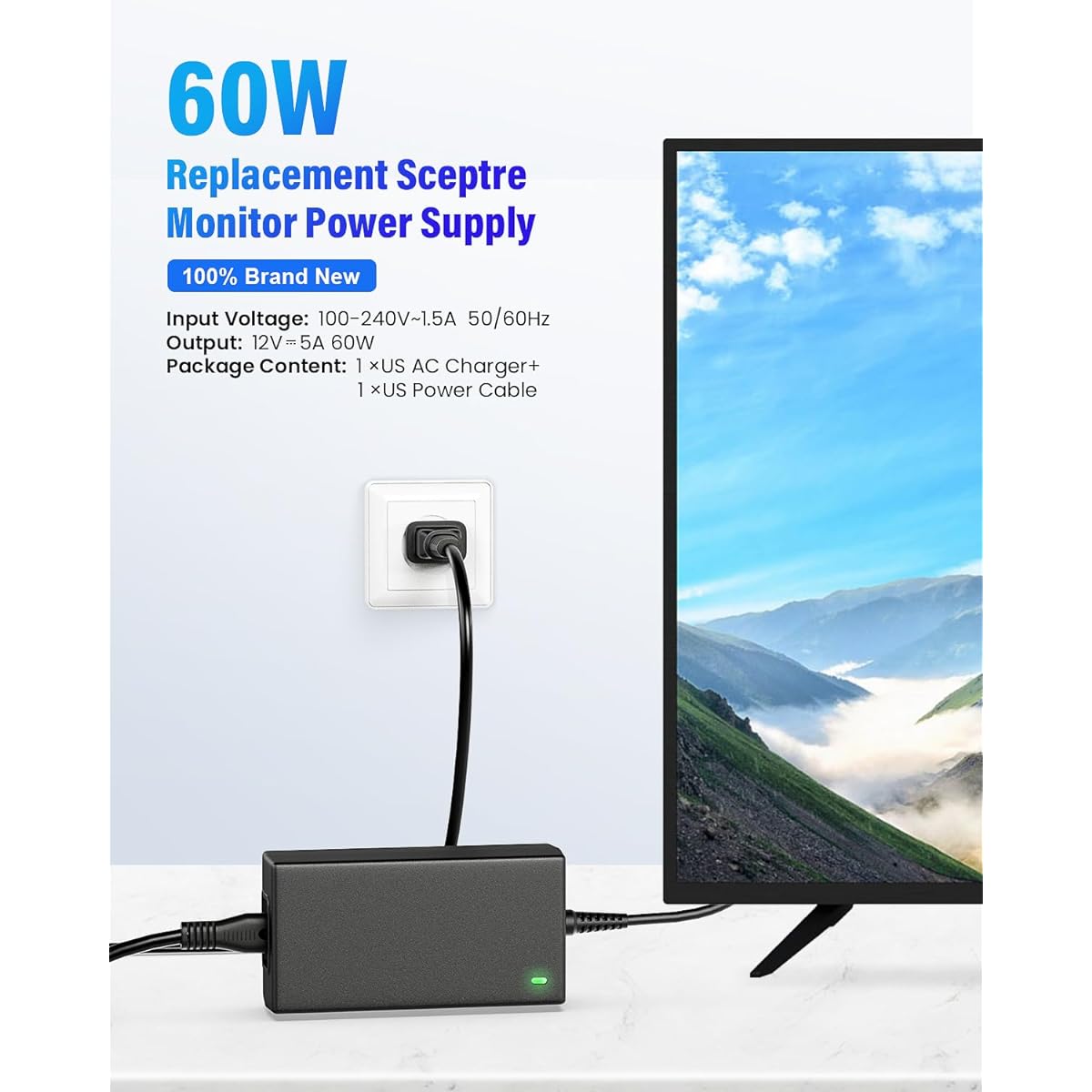 12V Power Cord Sceptre AOC for Dell Monitor Power Cable 12V 5A AC/DC Adapter Charger Scepter 19" 20" 22" 24" 25" 27" 30" 32" Series LED Supersonic Monitor Charger