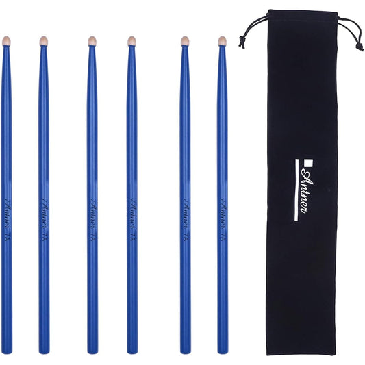 Antner Drumsticks 3 Pairs 7A Classic Maple Wood Drumsticks for Kids and Beginners, Blue