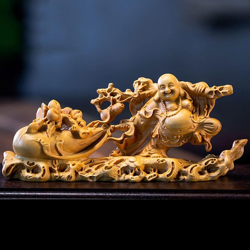 Wood carving Buddha statue Seven Lucky Gods figurine Hotei figurine High quality boxwood wood carving Hotei Feng Shui Money luck amulet (total height approx. 6cm, width 14cm, depth 3.5cm)