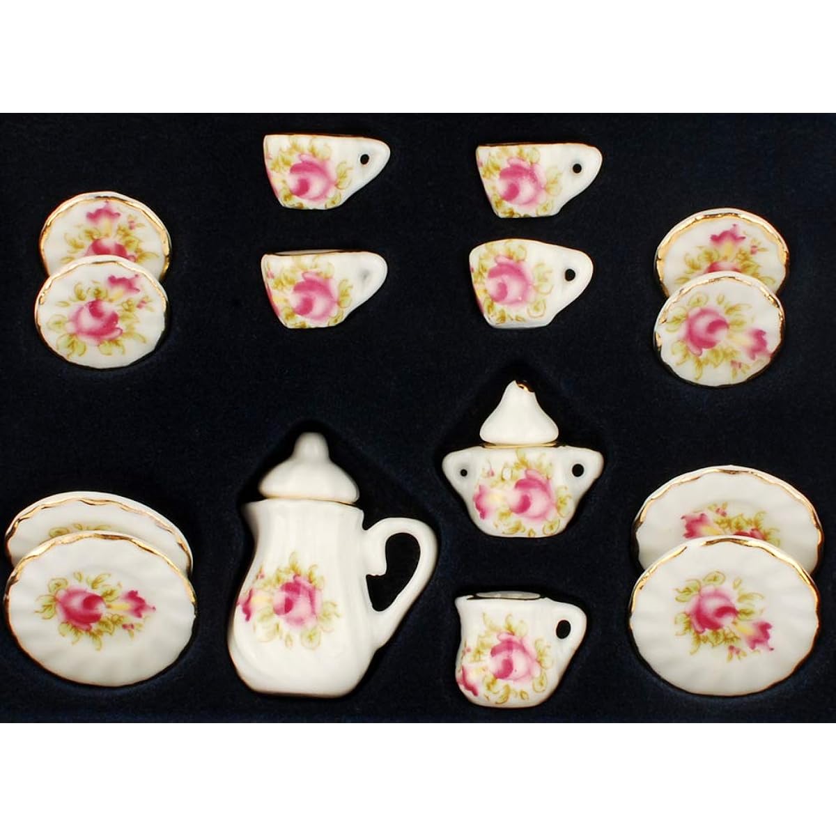 NW 1 Set 15 pieces Pink Flower Ceramics Tea Cup Set Lovely Dollhouse Decoration Set Dollhouse Kitchen Accessories