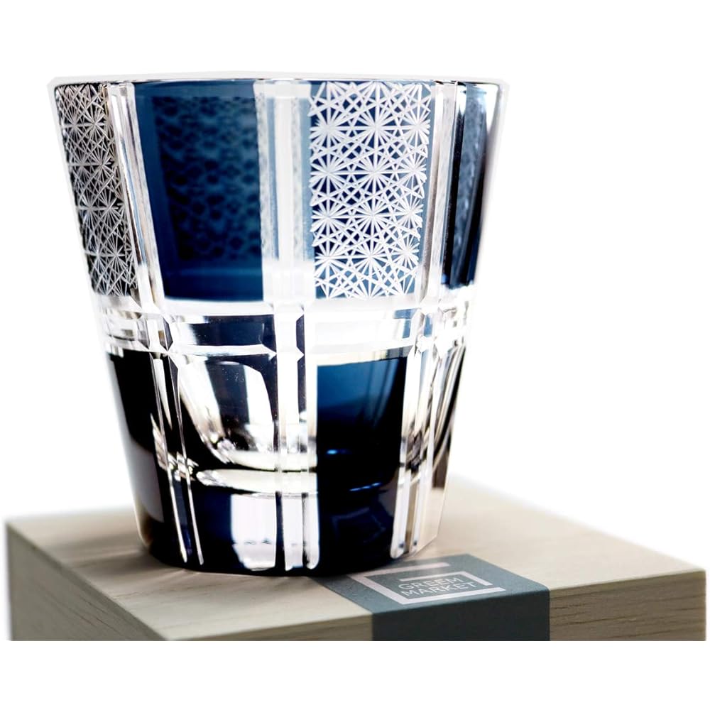 GREEM MARKET Crafts with wooden box Glasswork Kiriko Glass Cup Rocks glass Chrysanthemum Tsunagi pattern Pattern Kiriko glass Product number: GMS02592 (Navy)