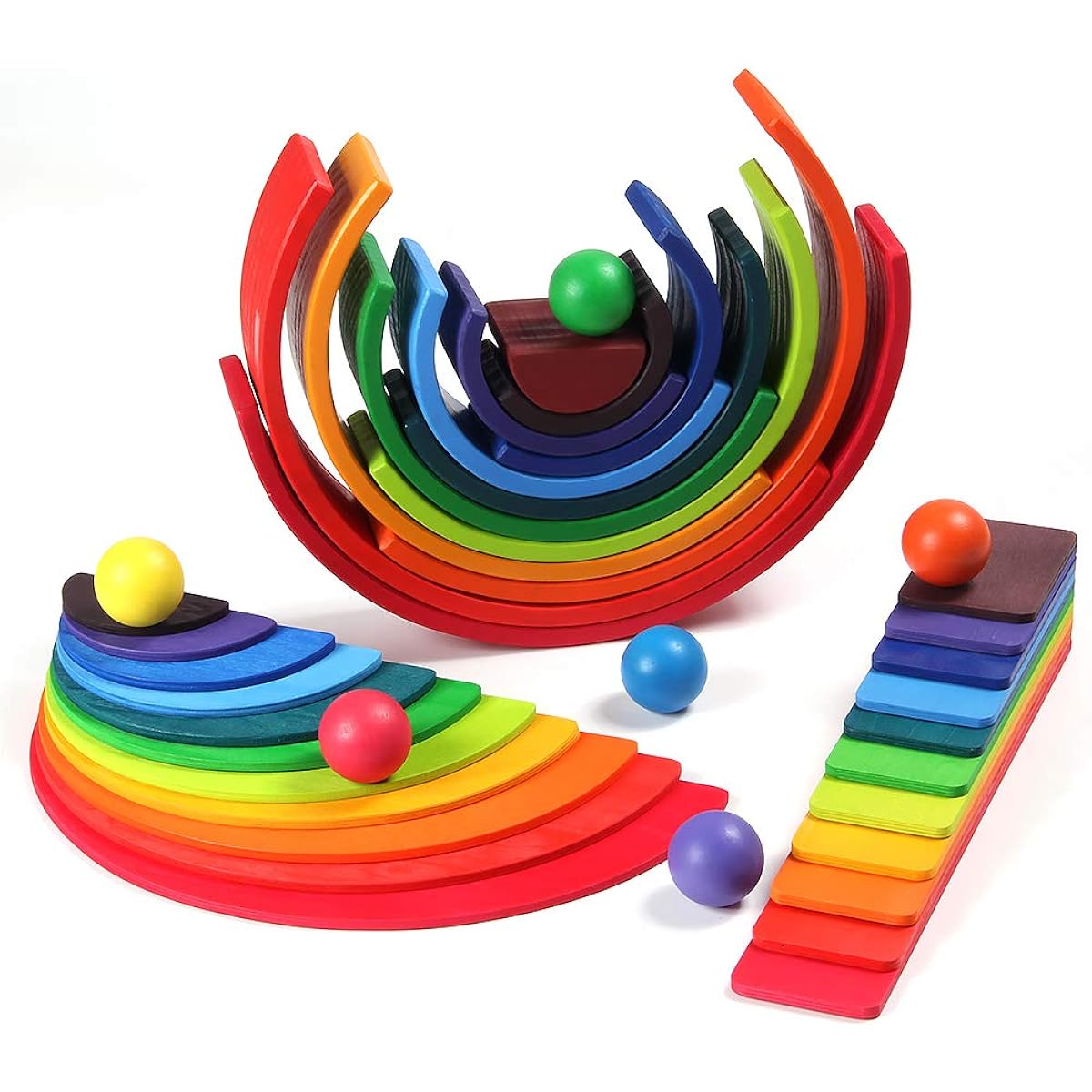 Wooden Rainbow Stacker Set - Rainbow Stacking Toy Set with Rainbow Stacker, Half Circle, Building Board, Peg People, Balls - Waldorf Educational Open End Stacking Toy - Great as a Gift