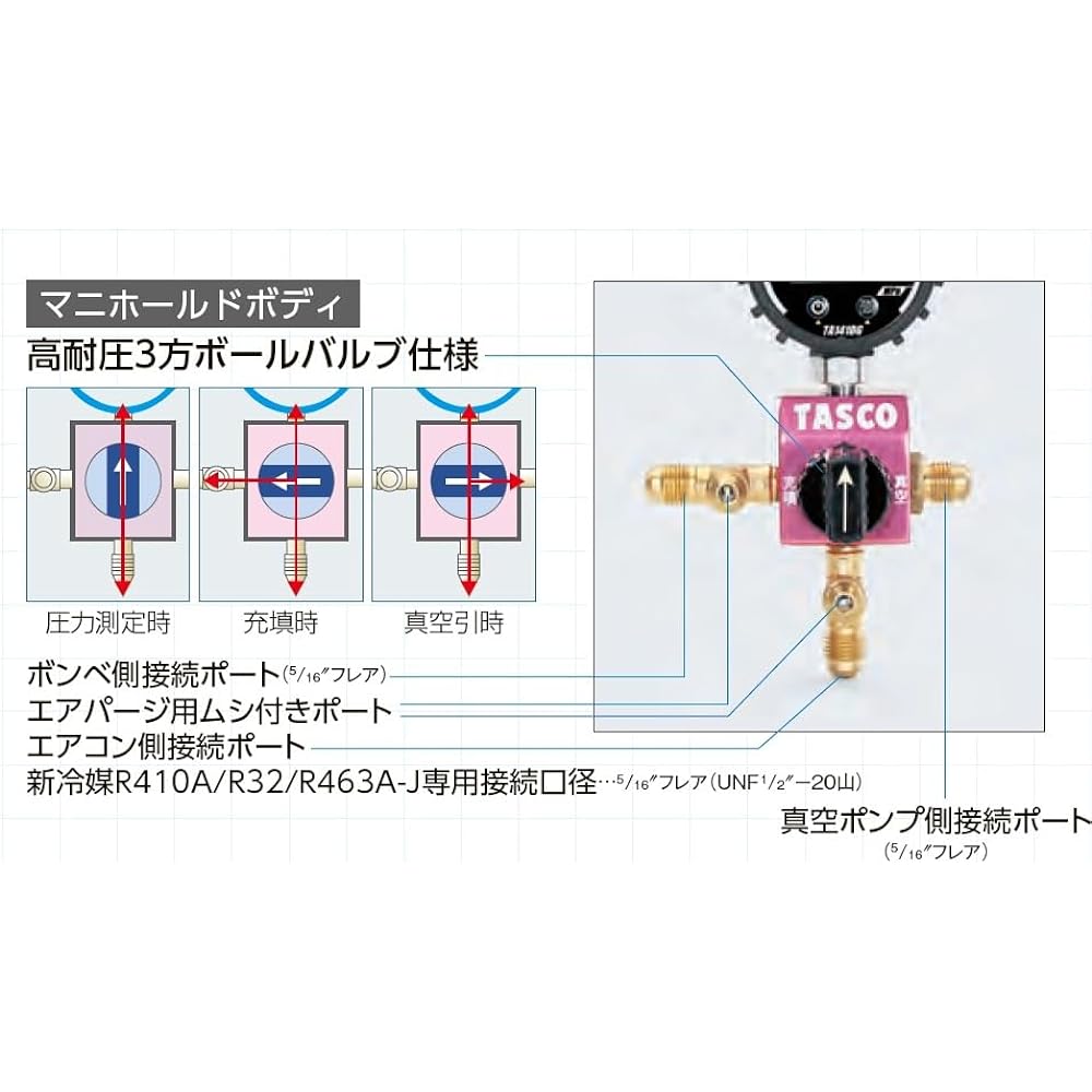 Ichinen TASCO Manifold Kit Digital Single R410A/R32 Ball Valve Type TA123DG-1