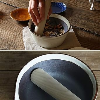 Kamoshika Dogu Shop Mortar and Pestle Set, Banko Ware, Made in Japan, Wooden, No. 5, No Grooves, Single Mouth, Suribachi, Magnolia Wood Suribachi Set (White)