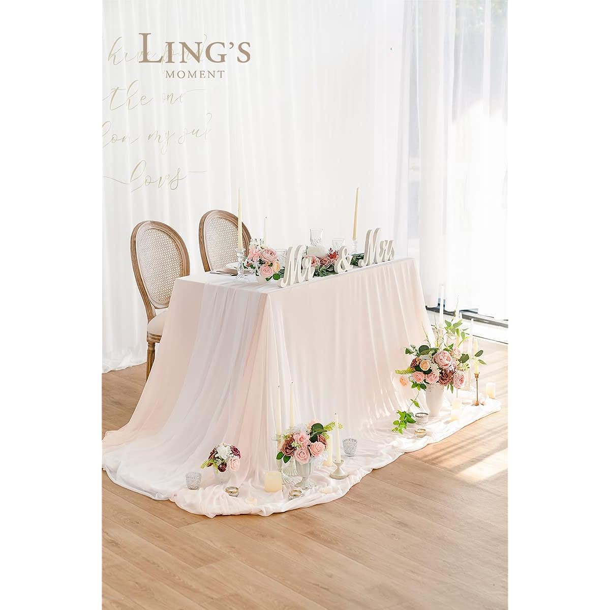Tablecloth & Table Runner Set 3x4ft Rectangular Table Chiffon-Like Tablecloth Blush & White for Head/Sweetheart Table at Wedding Reception