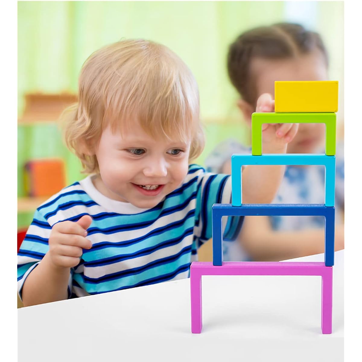 KanCai Wooden Rainbow Stacking Toy Stacking Rainbow Stacker Nesting Blocks Puzzle Creative Shape Building Blocks Toys for Children Baby Toddler