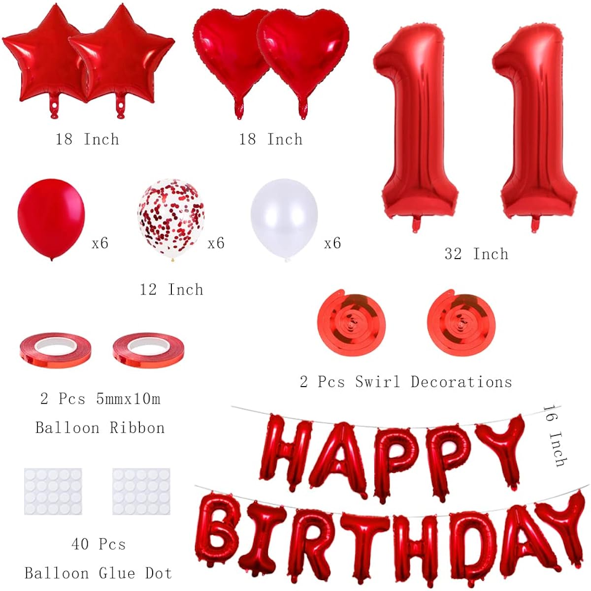 Meijendu 11. Birthday Balloons Set Happy Birthday Banner Heart Star Foil Mylar Balloons Latex Balloons Number 11 Balloon Set with Swirl Decorations for 11th Birthday Party Event, RedCreabygirlsKeywords
