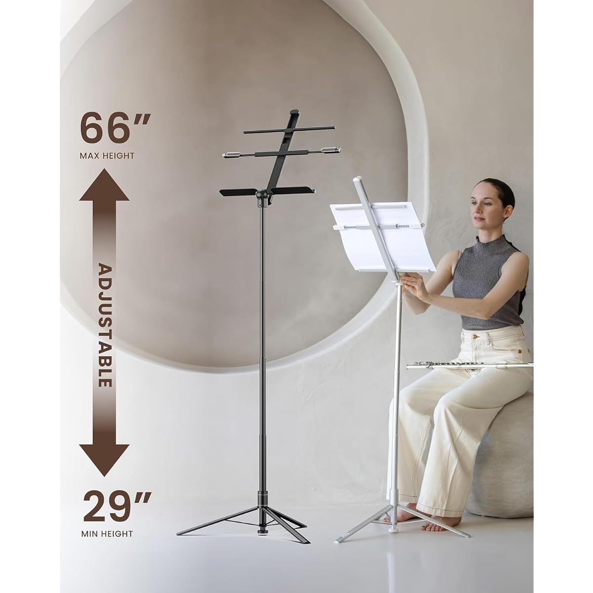 KraftGeek 66" Music Stand for Sheet Music, Portable Foldable for Musicians and Instrumental Players, Adjustable Music Tray with Page Holder Clip, No Assembly Required