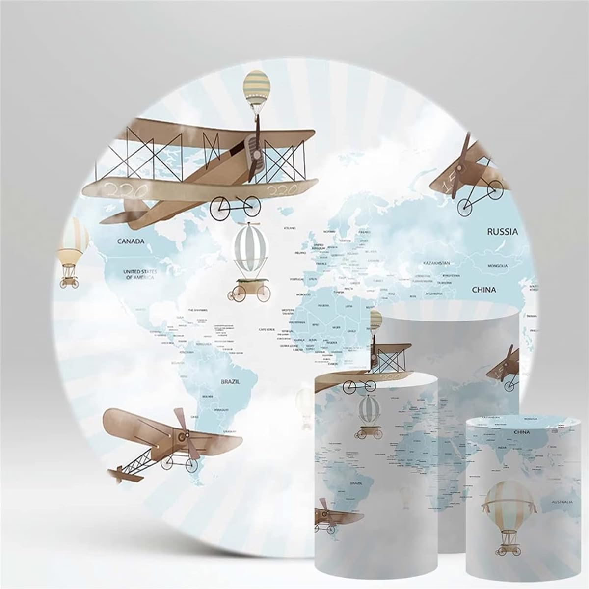HISDH Vintage Airline Round Backdrop Hot Air Balloon Round Banner for Kids Adventure Travel Birthday Party Baby Shower Background Christening Communion Baptism Event Props 8ft Diameter W-6153