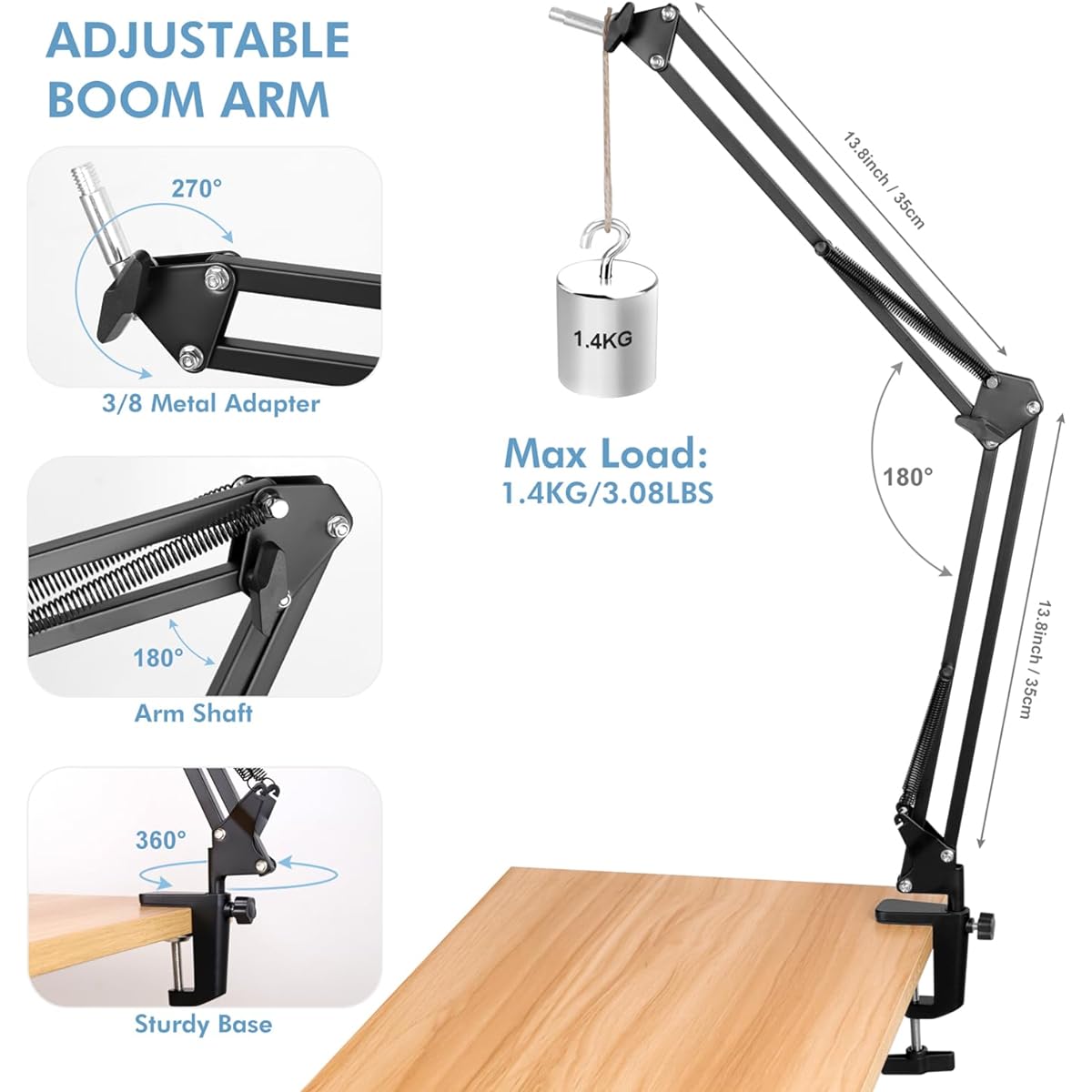 LacBec Microphone Stand Boom Arm Mic Stand Desk Mount Adjustable Suspension Boom Scissor Arm Stand for Podcasting Game Recording Compatible with HyperX QuadCast, Blue Yeti Snowball and Other Microphones