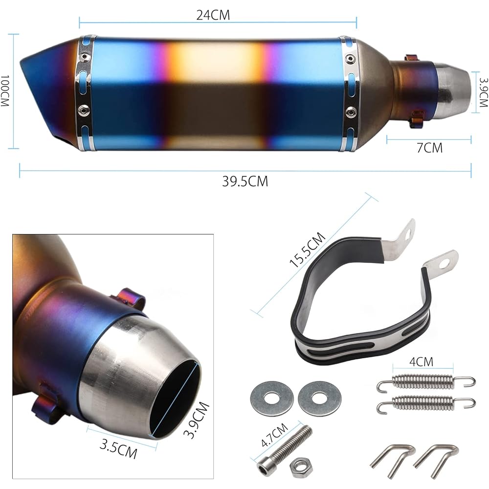 VEHSUN [Japanese Quality] Slip-on Muffler, General-purpose Motorcycle Muffler, GP Motorcycle Silencer, Φ38mm to 50.8mm, Stainless Steel Motorcycle Silencer, Exhaust Pipe, Band Included, Dress Up, Titanium Baked