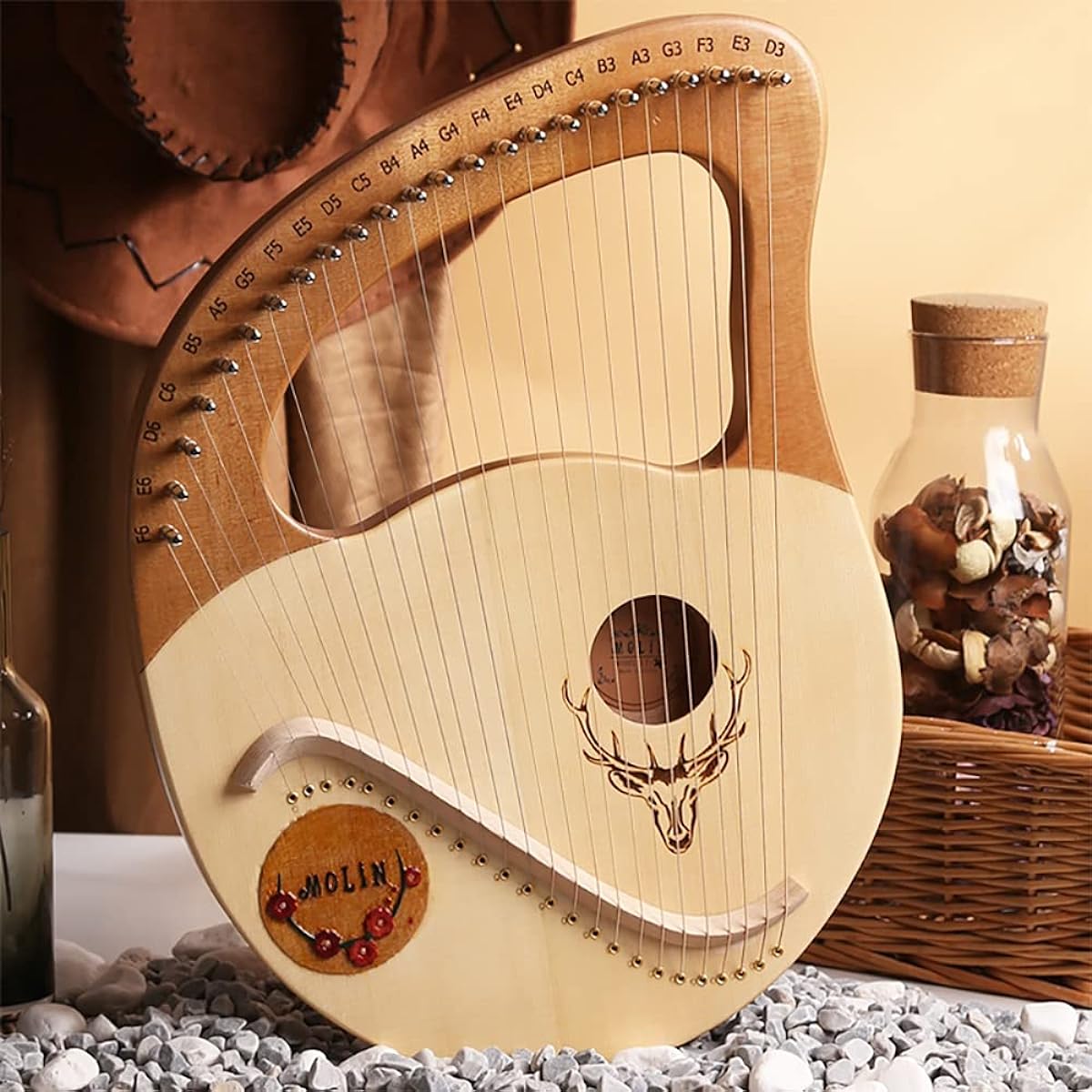 WowZza Stringed Lyre for Adults/Kids, Mahogany Lyre with Durable Gig Bag and Tuning Wrench, Musical Instrument/Burlywood