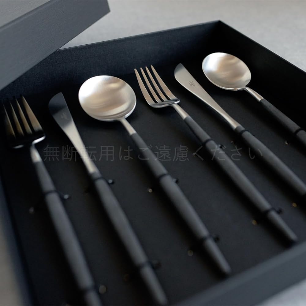 Genuine Cutipol GOA Black/Matte Silver Dinner (knife/fork/spoon 2 each) 6-piece set with genuine ribbon hanger in presentation box