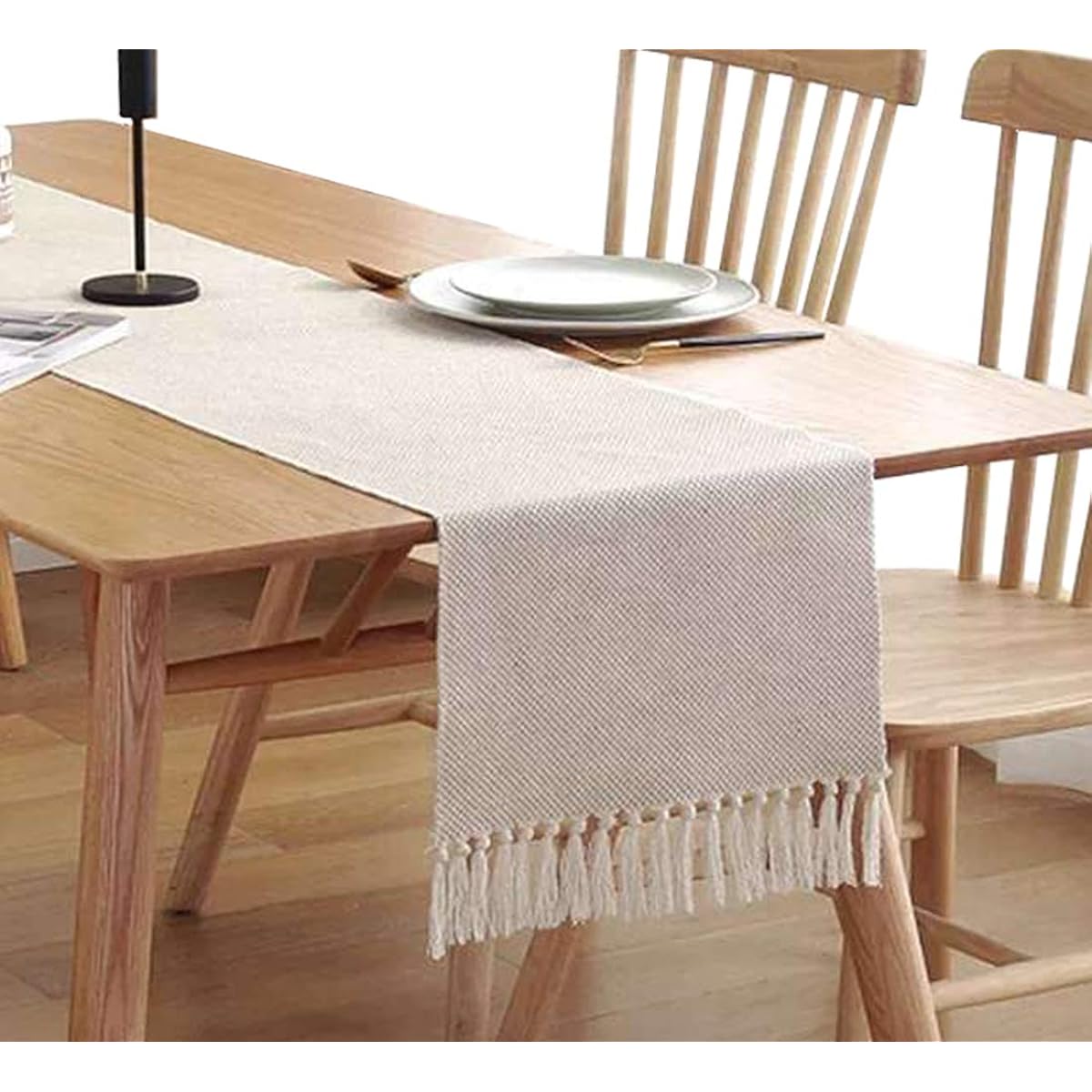 Cotton Linen Fringe Table Runner Geometric Pattern Handmade Woven Fabric Decorative Table Runner Macrame Table Runner for Kitchen Restaurant Hotel Cafe 33x180cm