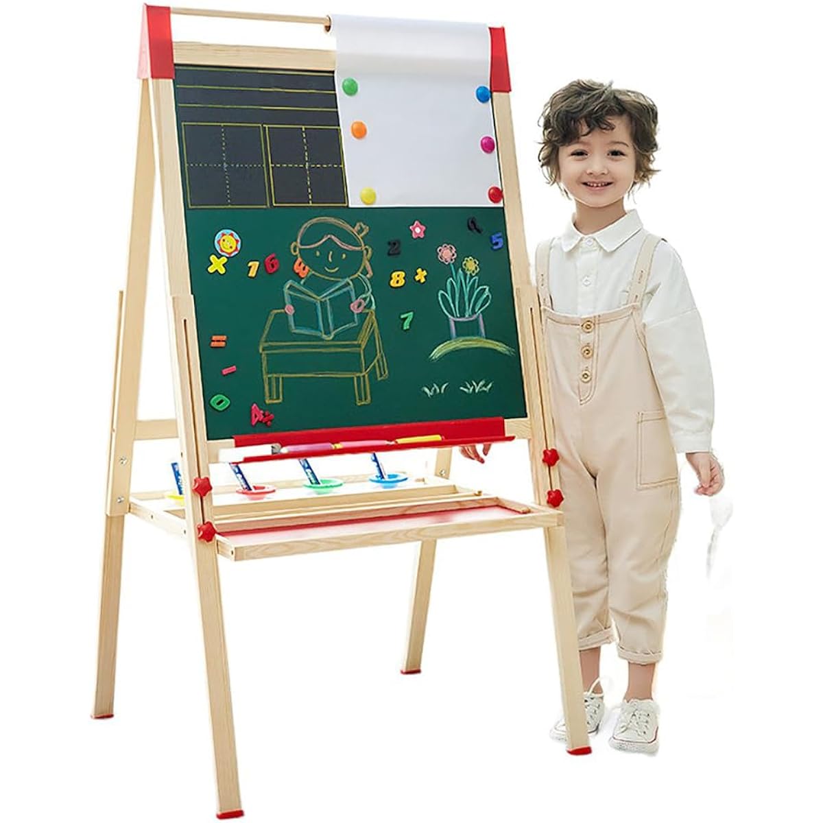 Galadim Wooden Art Easel for Kids (Double Sided) with Paper Roll, Adjustable Height 35.4" to 65" for Children Toddlers 3-6 6-12 12-16 GD-065-2