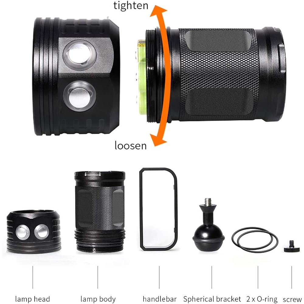 SecurityIng Diving Light, 8,000 Lumens, Underwater Light, Anti-Vibration, IPX-8 Waterproof, 500 Meters, Diving 80 Meters, 3 Light Colors, 8 Dimmable Modes, Underwater Flashlight, Diver Light, Diving,