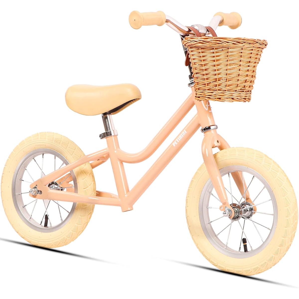 Petimini 12 Inch Children's Balance Bike with Basket for 2 3 4 5 6 Years Toddler Kids Carbon Steel No Pedal Training Bicycle for Girls Boys Peach