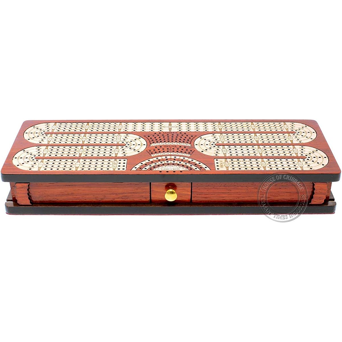House of Cribbage - Continuous Cribbage Board / Blood Tree Inlay / Maple: 4 Tracks - Sliding Lid & Drawer with Score Marking Field, Skunk Corner for Winning Games