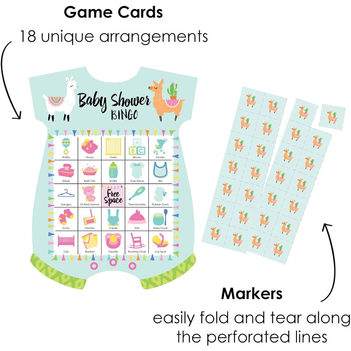 Allole Llama Fun Photo Bingo Cards and Markers, Llama Fiesta Baby Shower Shape Bingo Game, Set of 18