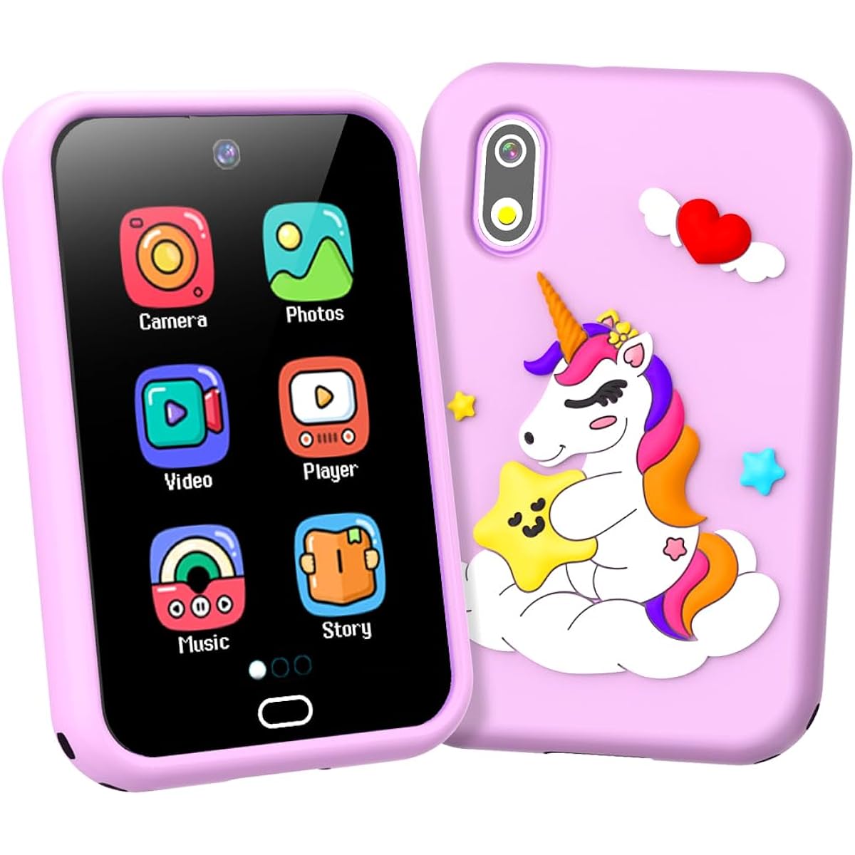 Phone Toy for Kids Girls Boys Age 3-8 with Unicorn Case Gift Dual Camera 28 Games 2.8" HD Touch Screen Music Player Video Audible Story Pedometer Alarm Clock Calculator Torch Learning Toy (Purple)