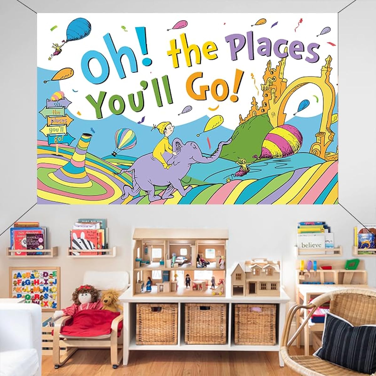 LOONELO Oh The Places You'll Go Backdrop 70.9" x 43.3" Large Size Oh The Places You'll Go Banner Dr. Seuss Backdrop Party Decoration Kindergarten Preschool Graduation Supplies (Blue)