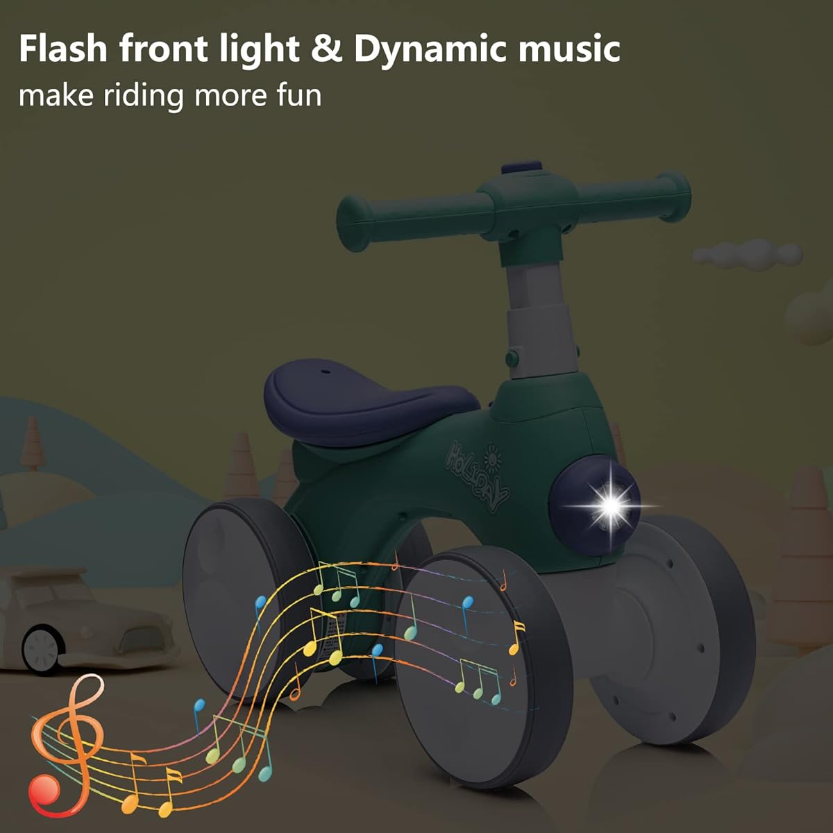 AOKOY Baby Balance Bike Boys Girls Toddler Riding Toy From Standing to Running 4 Wheels First Bike Birthday Gift with Adjustable Handlebar Music LED Light