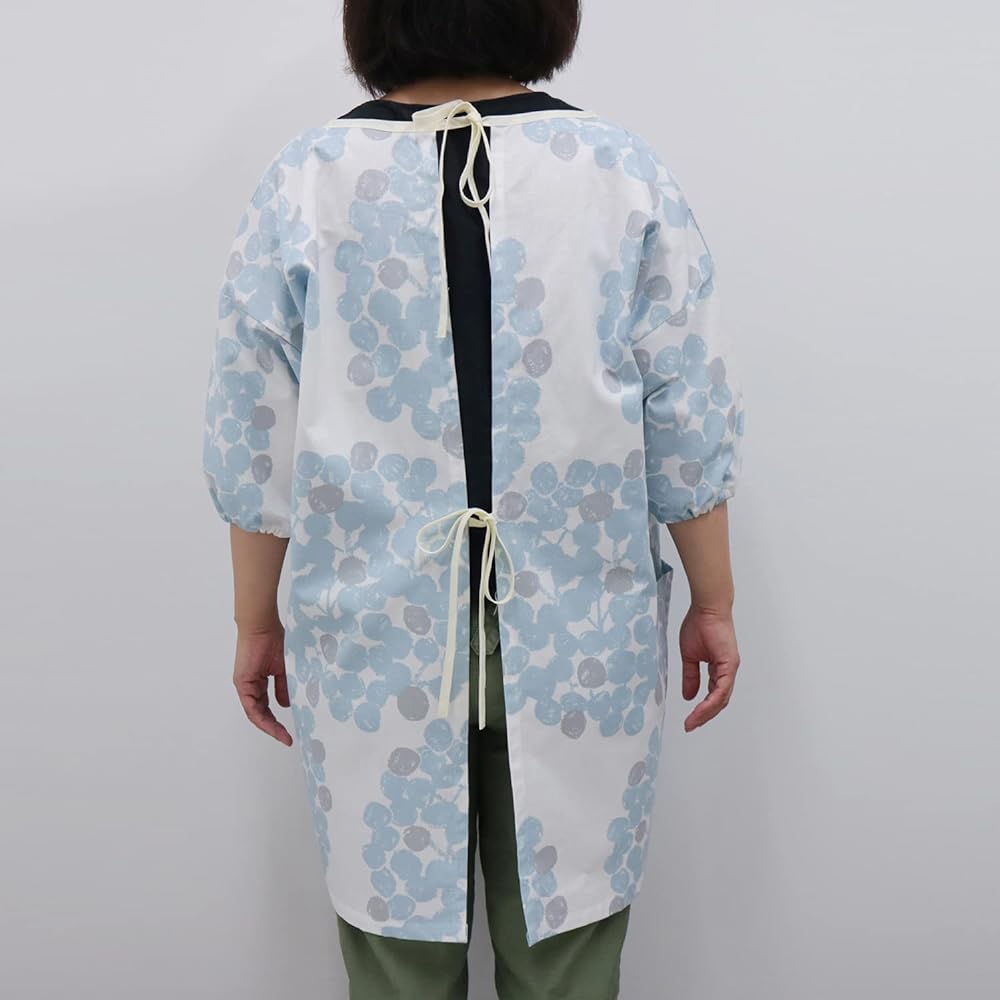 Quarter Report (Rieko Oka) Loose-fitting Kappou-gi Float Blue One Size Fits Most Elastic Cuffs Large Pocket Cotton Linen [Made in Japan]