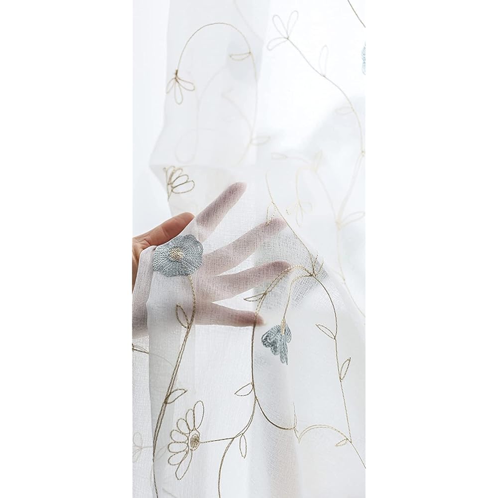 Ponoa Luxury Embroidered Floral Lace Curtain with Adjuster Hook Voile Curtain (2 pieces) (Width 150cm x Length 223cm, Blue, Lace Curtain)