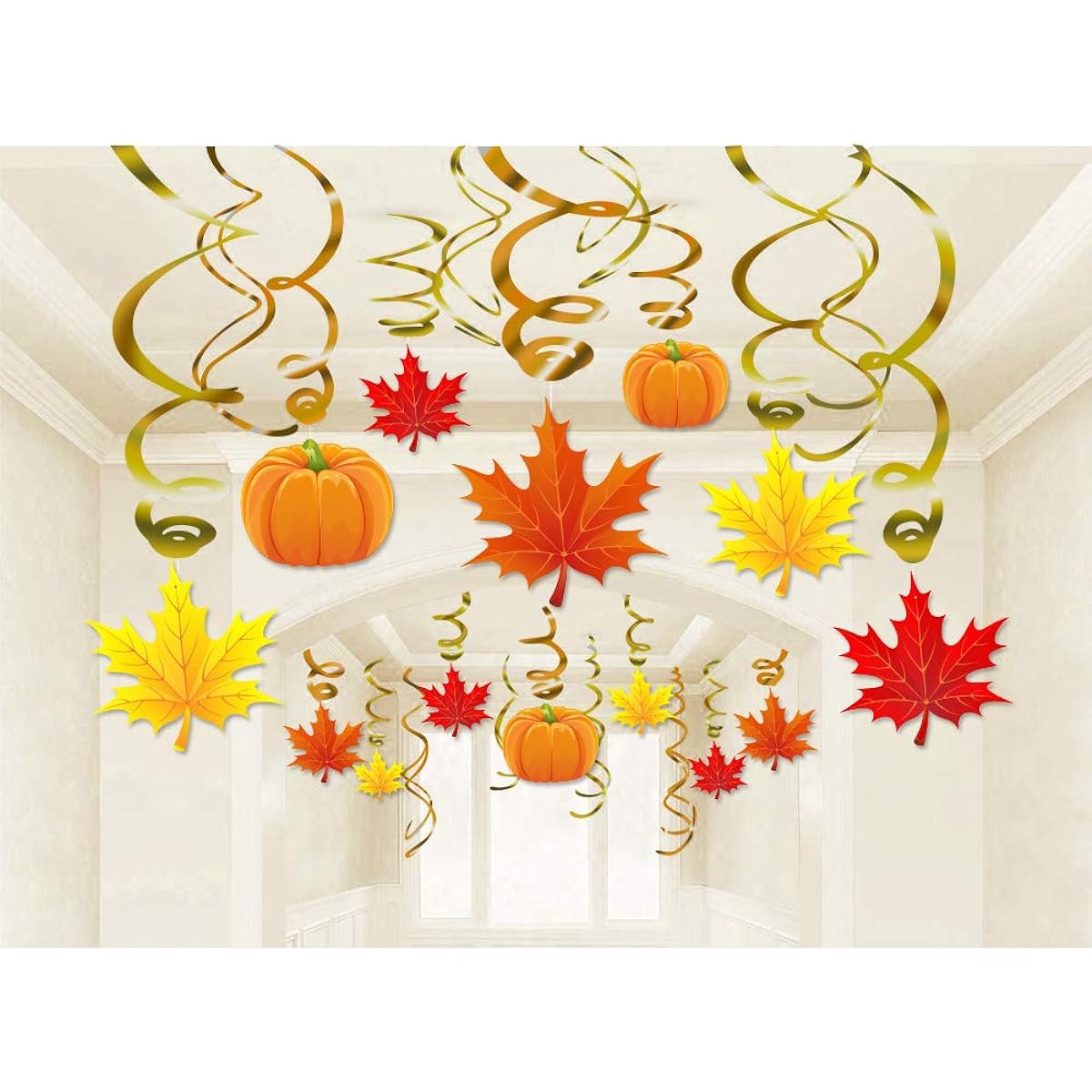 Autumn Thanksgiving Swirl Decorations - Pumpkin and Maple Leaf Fall Theme Party Supplies, No DIY Required, Pack of 36