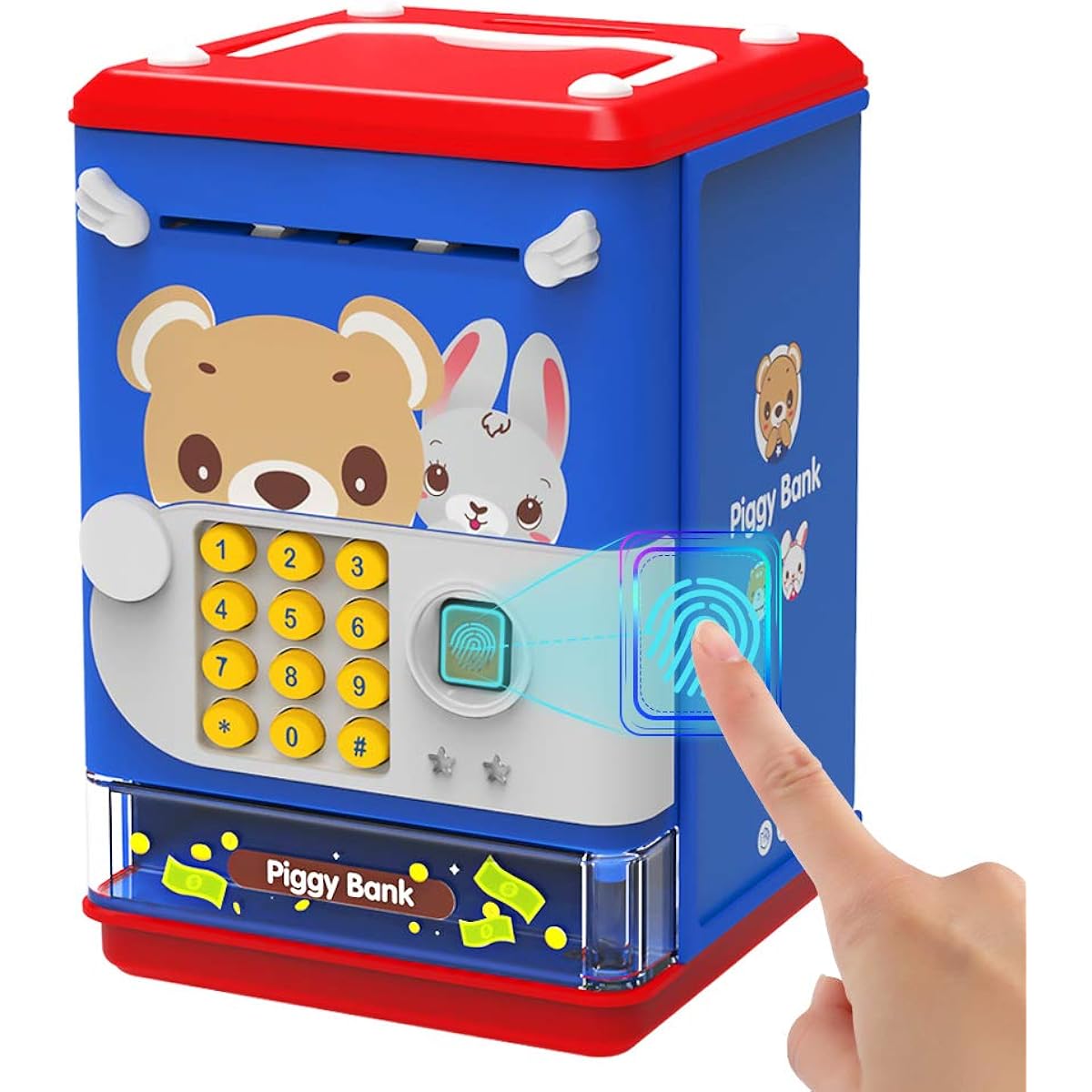 AIQI Piggy Bank Toy Electronic Mini ATM Saving Machine with Personal Password & Fingerprint Unlock Simulation - Music Box with Songs for Kids Boys Girls Age 3-8 (Blue)