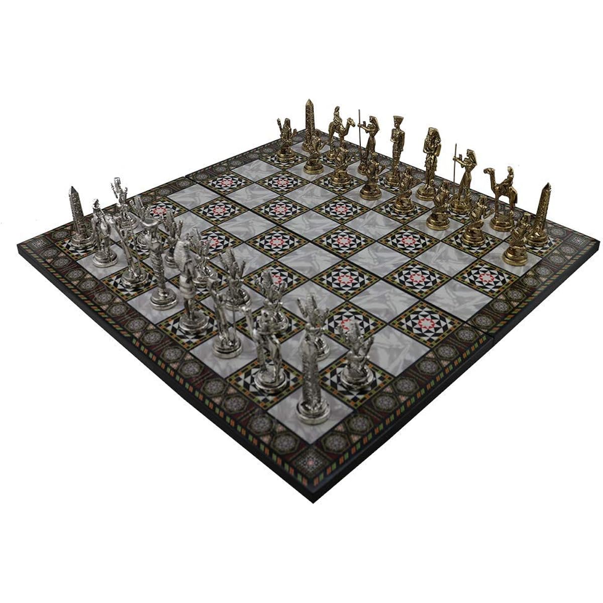 Historical Ancient Egyptian Pharaoh Figures Metal Chess Set for Adults and Kids Handcrafted Elegant Pieces Mother of Pearl Pattern Wooden Chess Board King 3.4 Inch