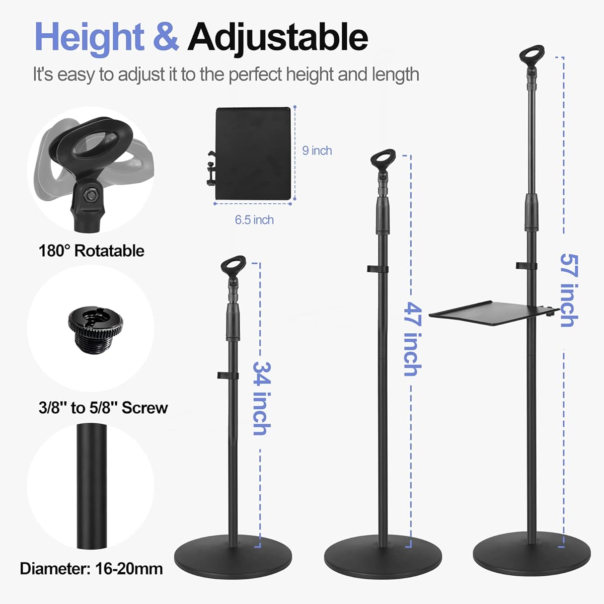 OUKMIC Microphone Stand Adjustable Karaoke Microphone Holder for Singing Universal Floor Standing Detachable Mic Stand Weighted Round Base Cable Clip Barrel Mic Clip and Tray for Kids/Adults