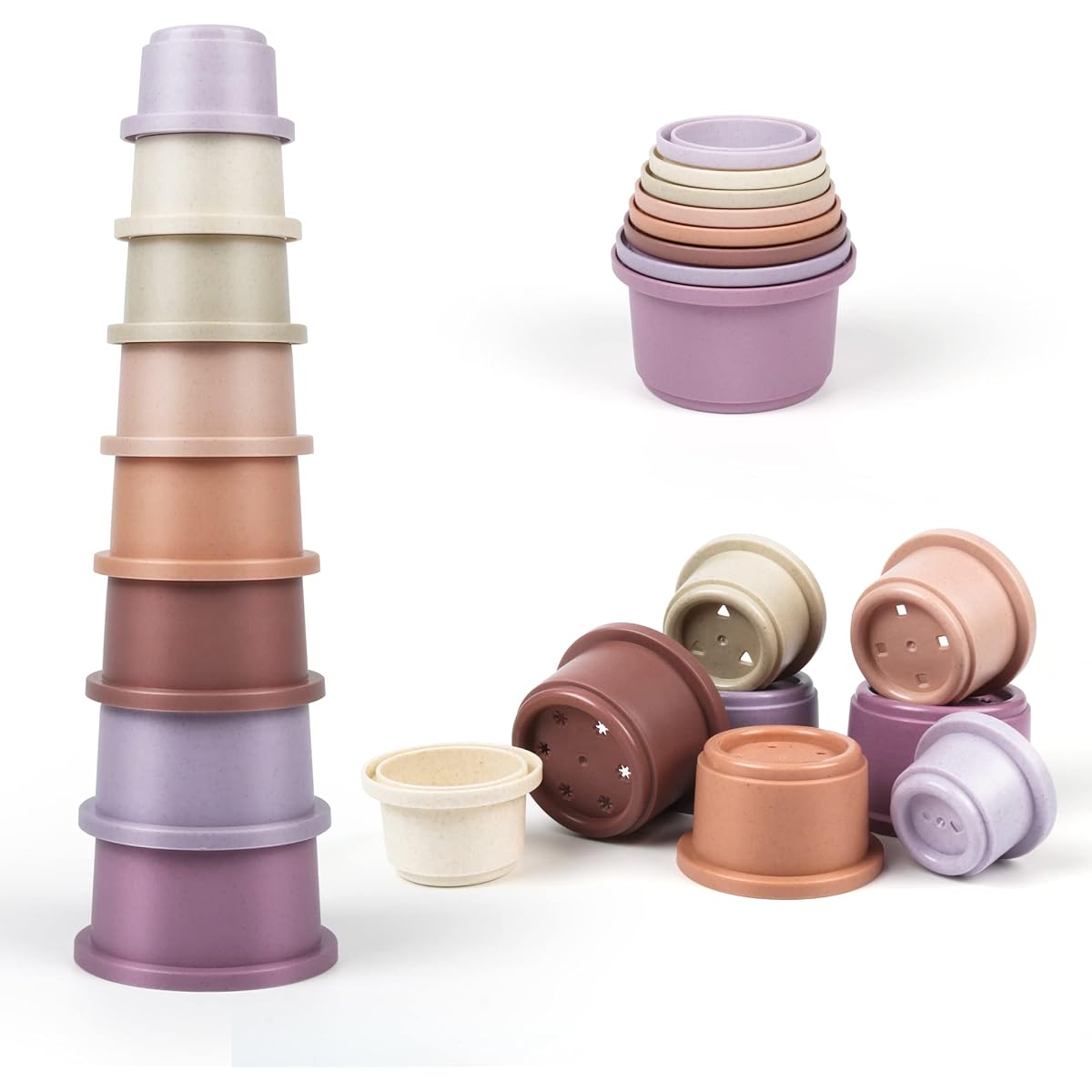 Baby Stacking Cups for Toddlers, Colored Nesting Cups with Drainage Holes, Baby Bath Toys, Pool Toys, Ages 6 Months and Up (Pink)