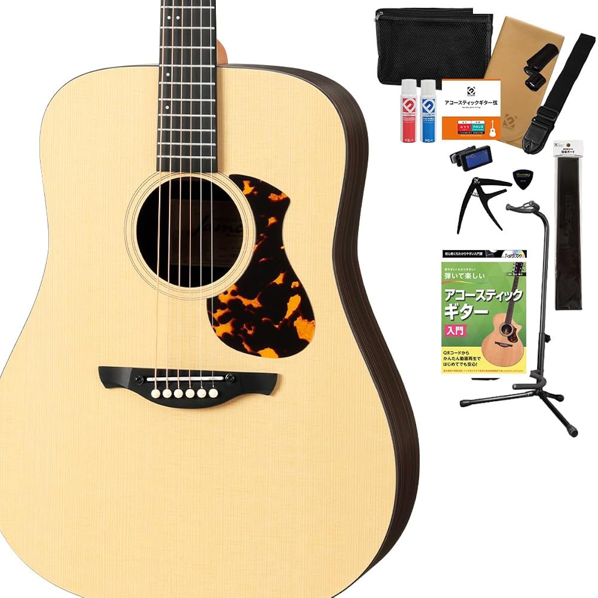 James J-1D Acoustic Guitar 15-piece Select Set with Textbook and Maintenance Supplies Beginner Set Adjustable Saddle Easy String Height Adjustment Dreadnought James