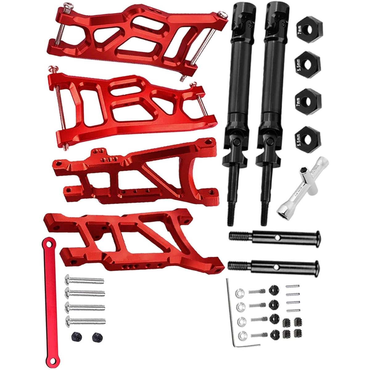 RCMYou RC Aluminum Front Rear Suspension A-Arm Stainless Steel Drive Shaft Axle CVD Upgrade Parts for 1/10 Traxxas Slash 2WD RC Car Upgrade Parts Hop-Up with Tie Bar & Wheel Hex Red