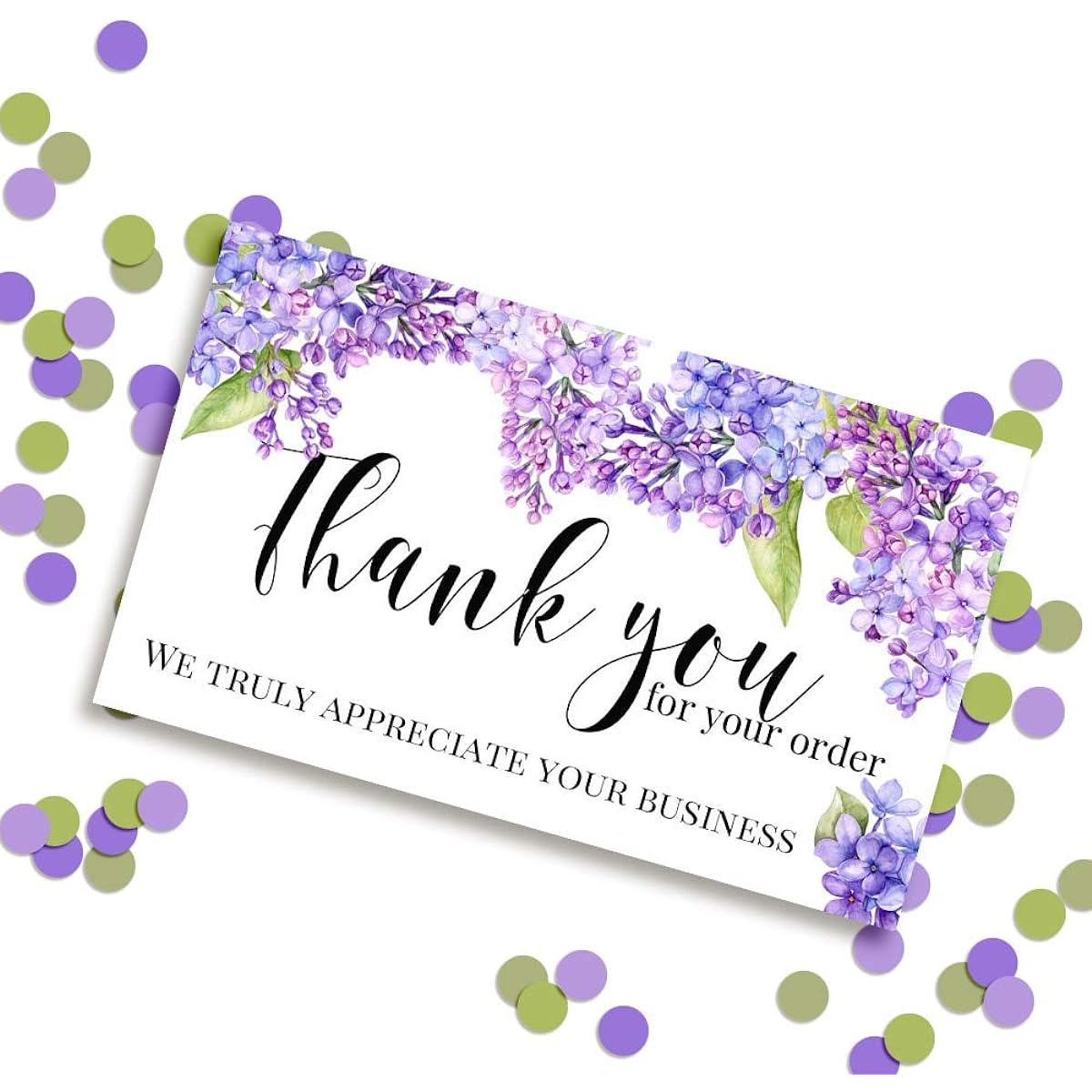 AmandaCreation Beautiful Floral Purple Lilac Thank You Customer Appreciation Package for Small Businesses, 2" x 3.5" Single Sided Insert Cards, 100 Count