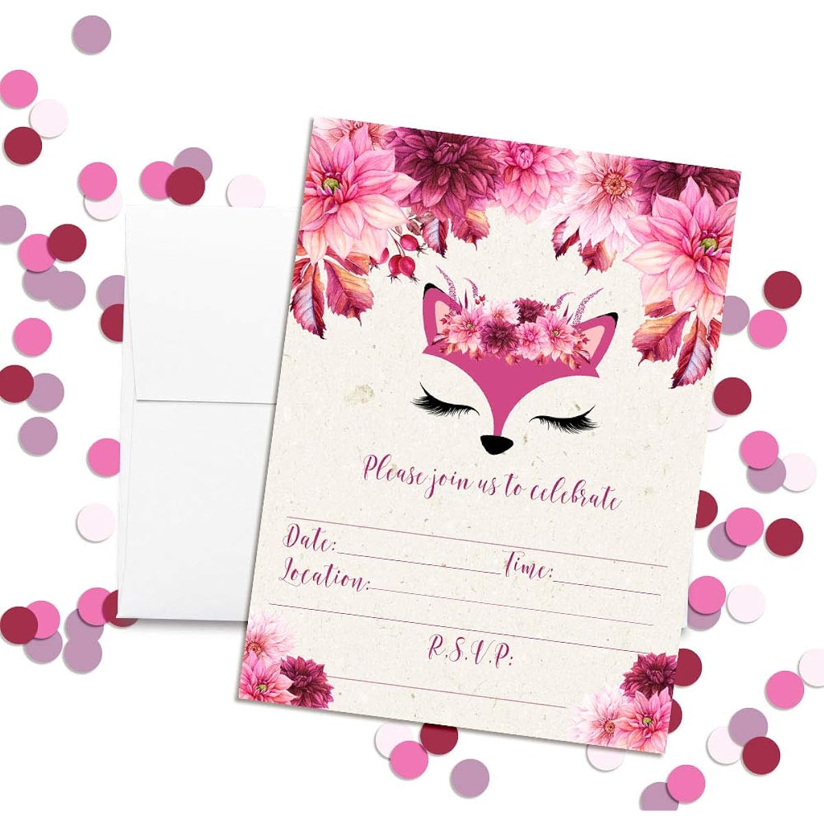 AmandaCreation Fancy Fox Face Watercolor Floral Birthday Party Invitations 20 Cards 5"x7" Includes 20 White Envelopes