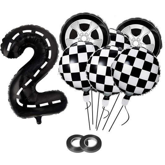 9pcs Race Car Birthday Balloons, Race Track Number Balloons, Checkered Balloons, Tire Balloons for Baby Shower, 2nd Birthday, 2nd Birthday, Race Car Theme Party Decorations Supplies
