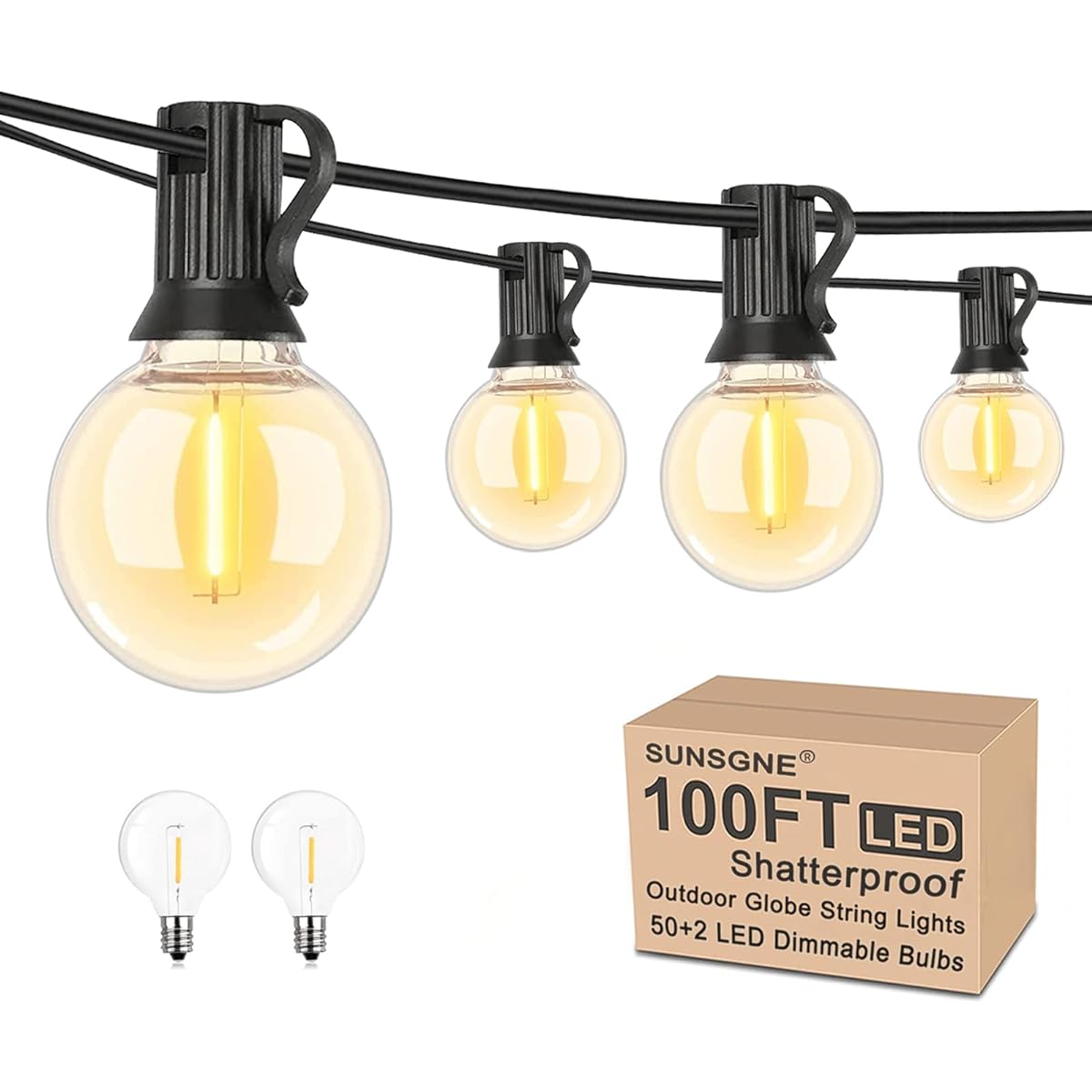 SUNSGNE 100Ft LED Outdoor String Lights G40 Globe String Lights Waterproof Shatterproof with 52 Dimmable LED Bulbs, Connectable Hanging Patio String Lights for Room Party Bistro Pergola Tents, Black