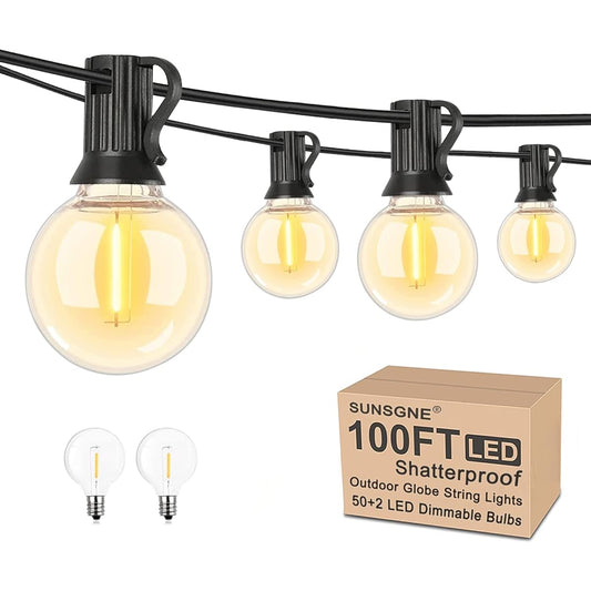 SUNSGNE 100Ft LED Outdoor String Lights G40 Globe String Lights Waterproof Shatterproof with 52 Dimmable LED Bulbs, Connectable Hanging Patio String Lights for Room Party Bistro Pergola Tents, Black