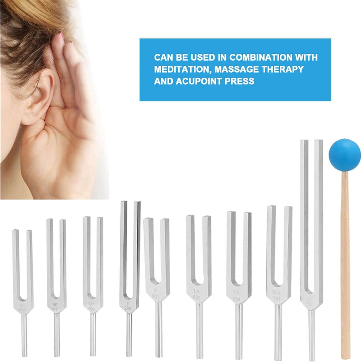 Tuning Fork Set, 9 Pieces 174/285/396/417/528/639/741/852/963HZ Tuning Fork Stainless Steel, Sound Vibration, Sound Tool Combination