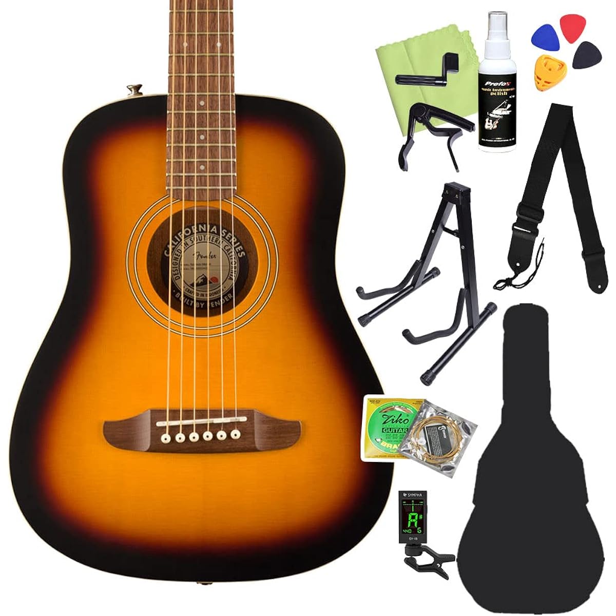 Fender Redondo Mini Sunburst Acoustic Guitar Beginner 12-piece Set Mini Guitar Small Sunburst Fender