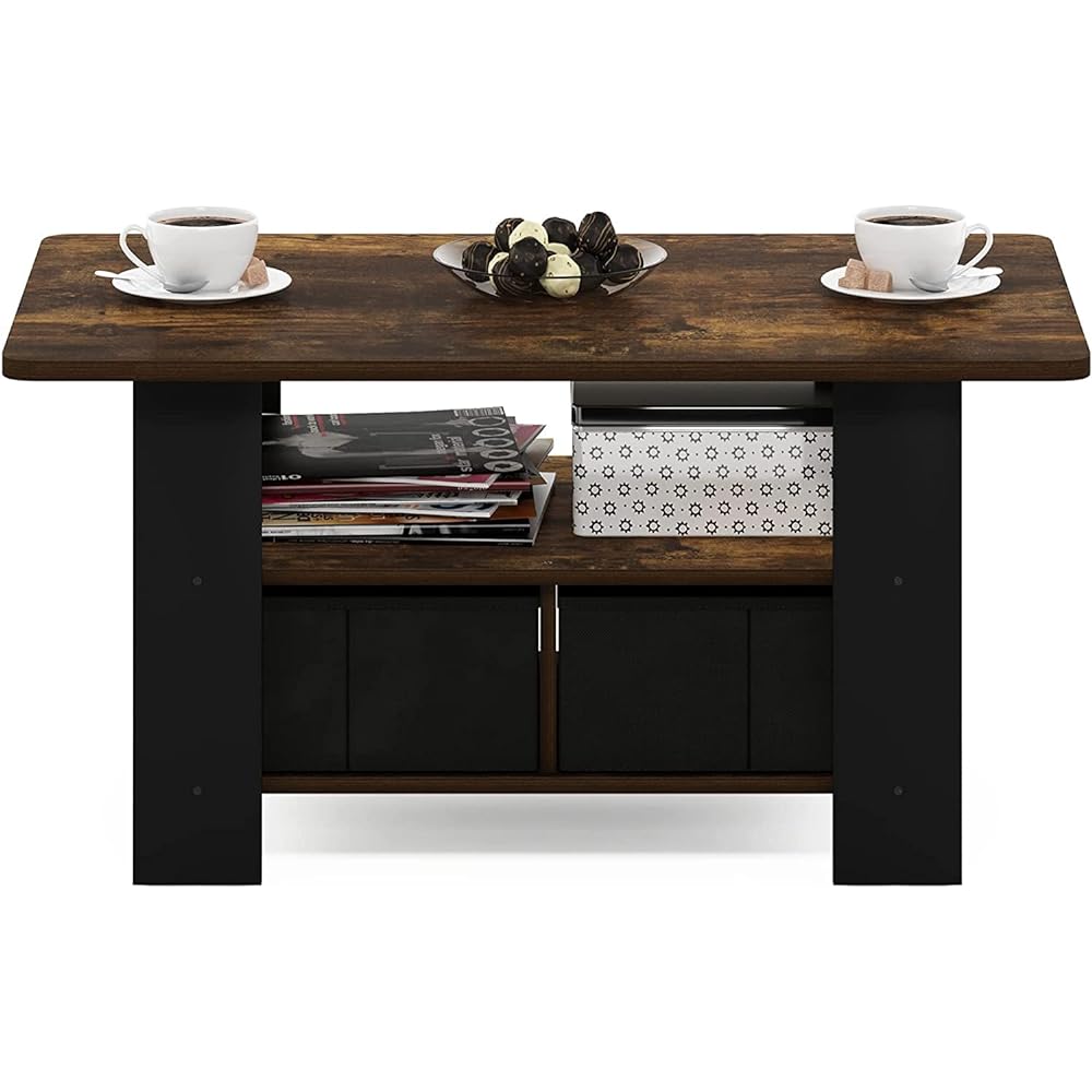 Furinno Living Table Andrey Amber Pine/Black with Drawer [Regular Japanese Import]