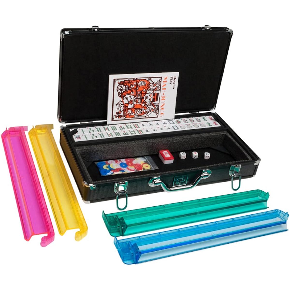 White Swan Mah Jongg Set - White/Green Tile - Modern Pusher Arm - Aluminum Case - Black