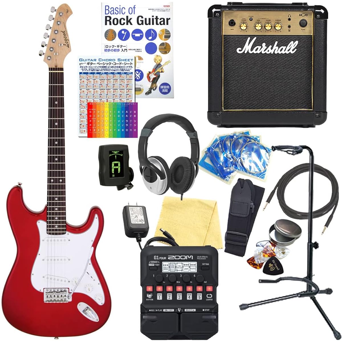 Electric guitar beginner set, Stratocaster type, 18-piece set with Marshall amp, Legend LST-Z CA [ZOOM G1Four multi-effector included]